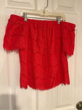 Love, Fire Red Off-Shoulder Lace Blouse
